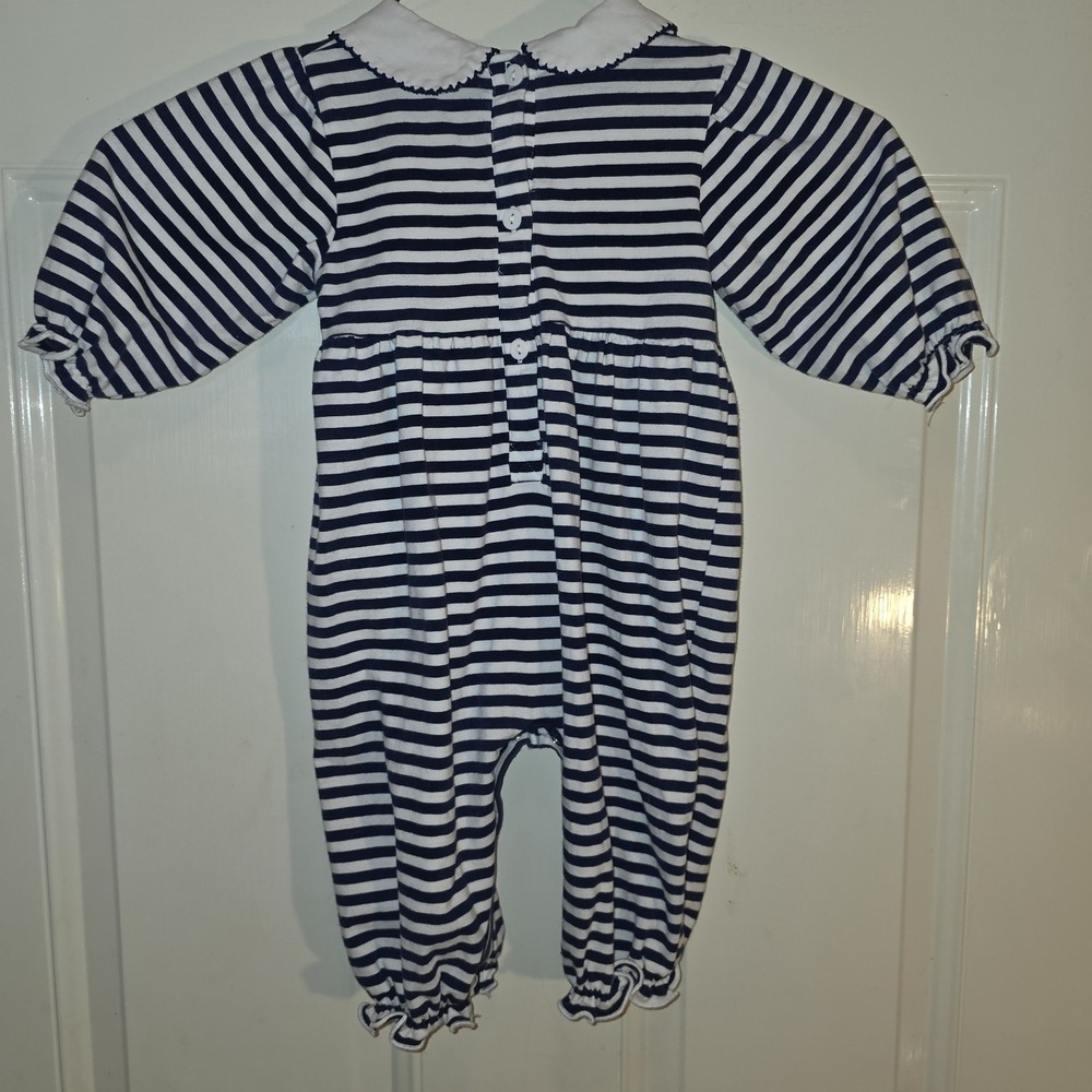 Emma Blake Smocks Size 9 Mo Blue & White Striped Romper, Orange Embroidered "H" - Picture 9 of 10
